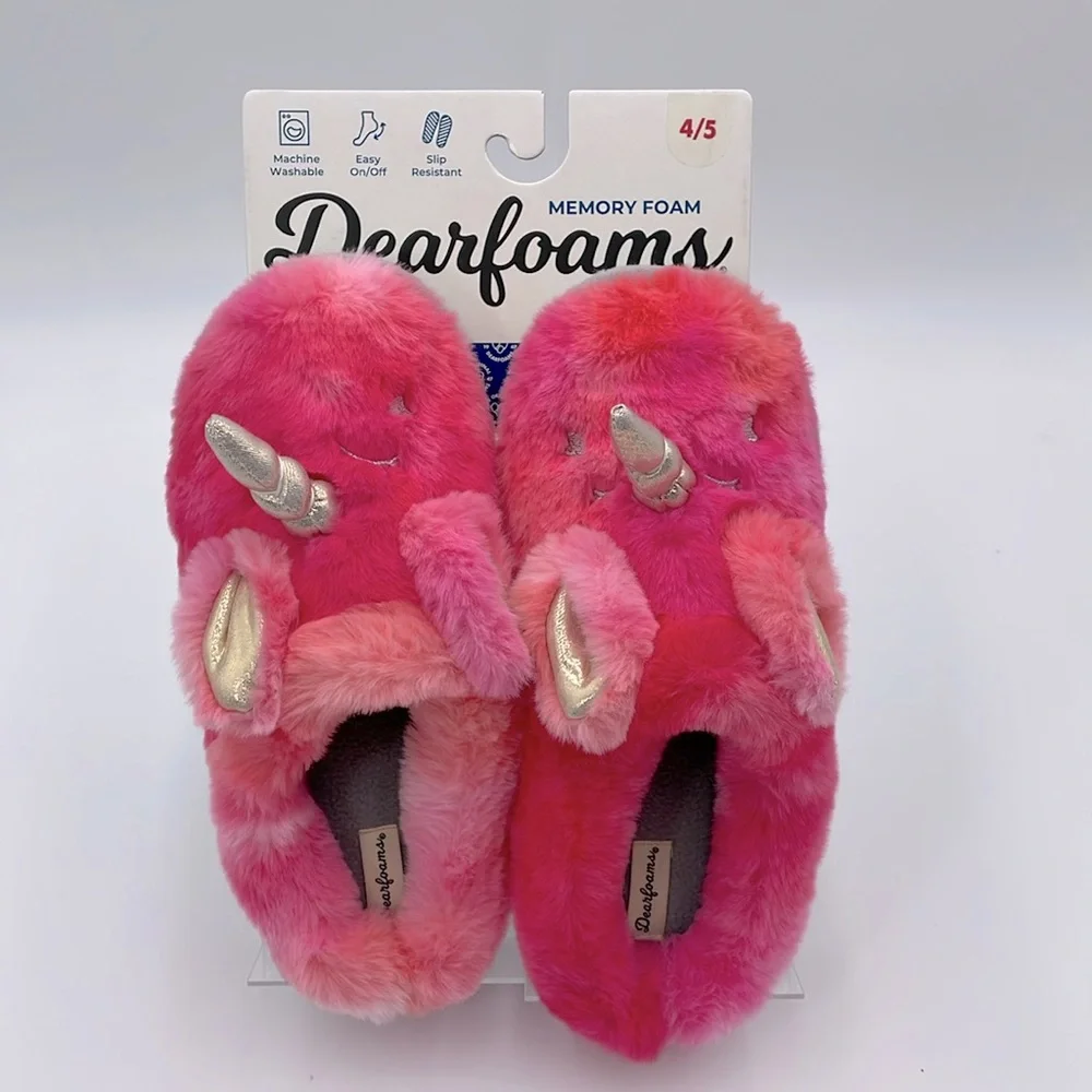 Kids‎ Dearfoams Memory Foam Unicorn Multi Colored Pink Slippers - 4/5